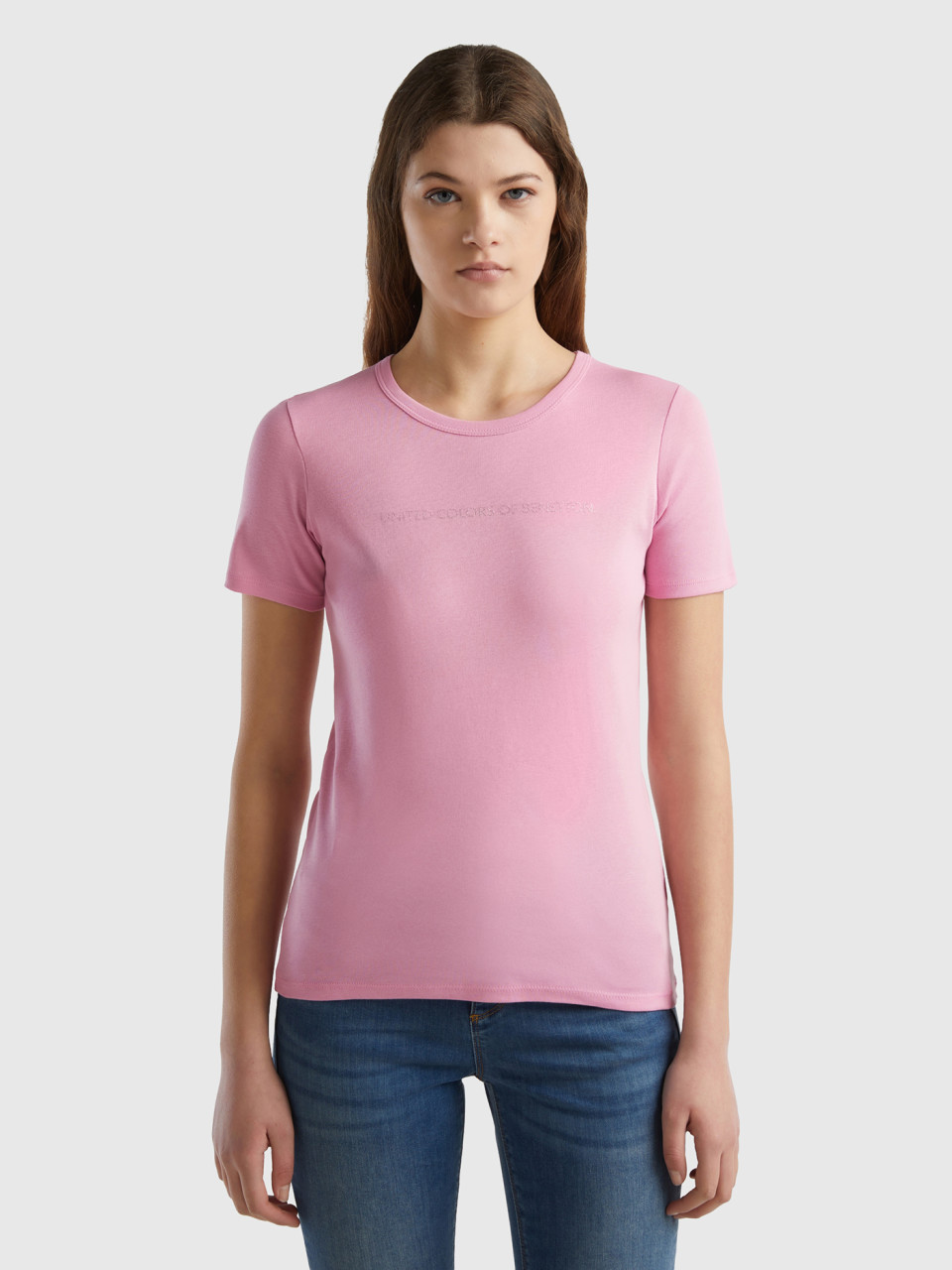 Benetton, Camiseta De 100% Algodón Con Estampado De Logotipo Con Glitter, Rosa Pastel, Mujer