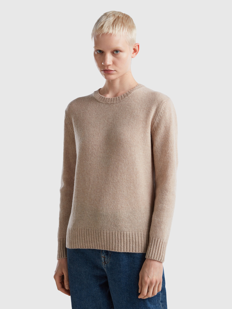 Benetton, Sweater In Pure Shetland Wool, Beige, Women
