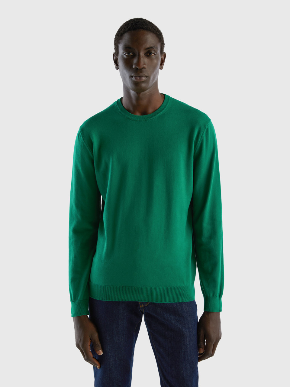 Benetton, Jersey De Cuello Redondo De 100% Algodón, Verde Oscuro, Hombre