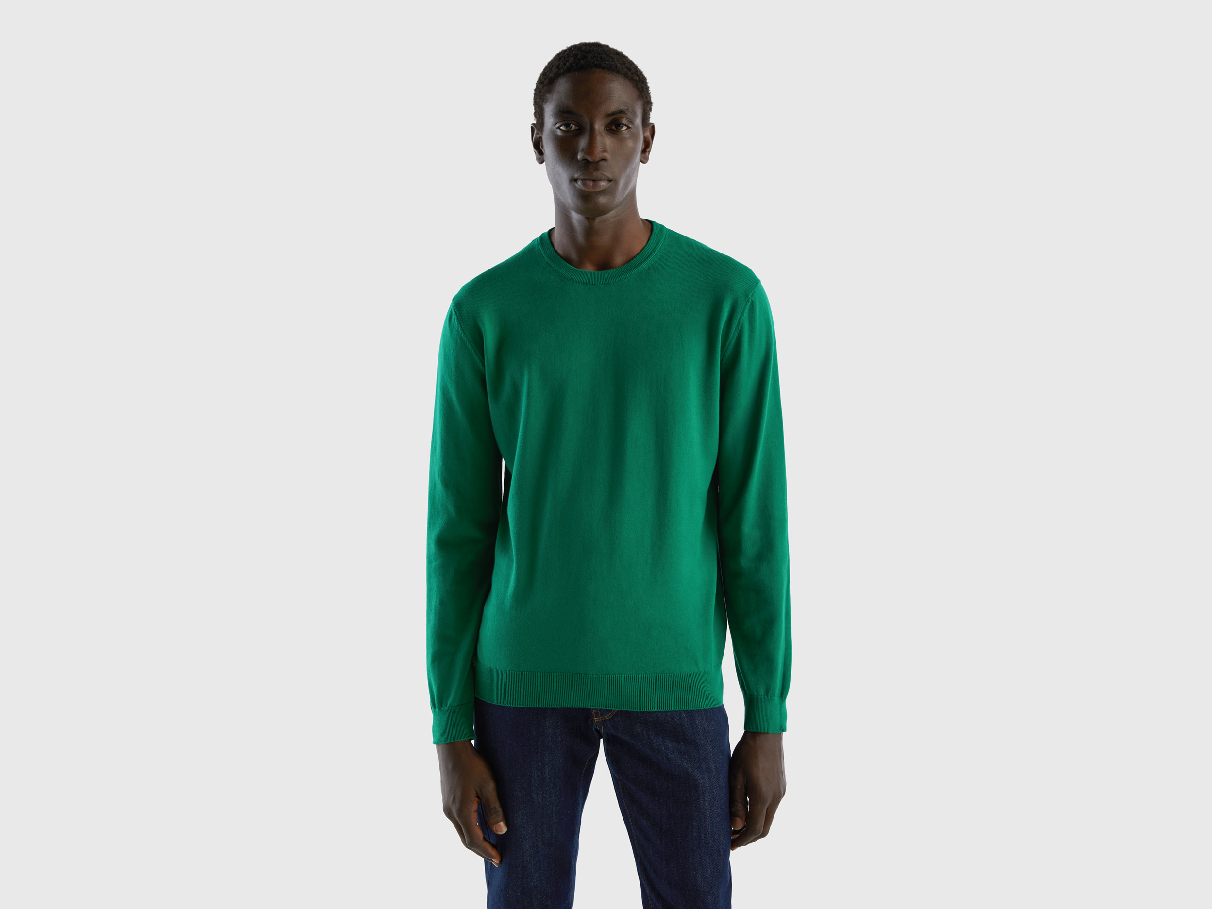 Benetton, Crew Neck Sweater In 100% Cotton, size XL, Dark Green, Men