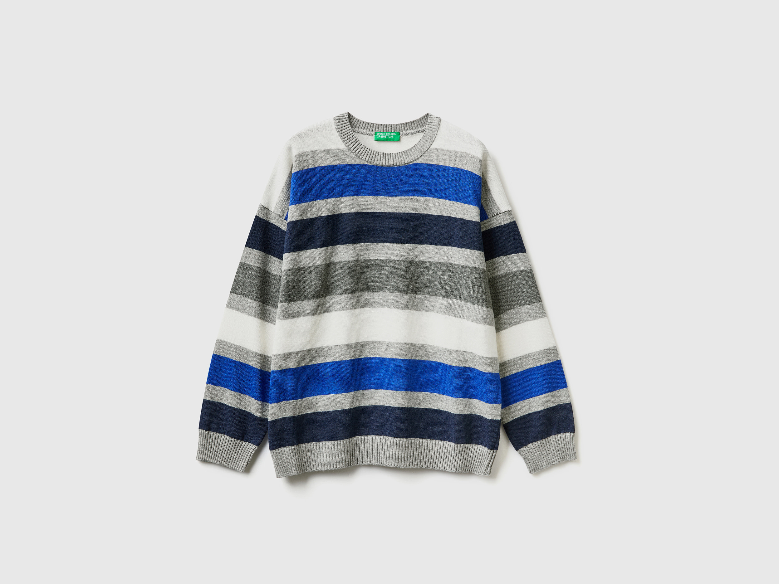 Benetton, Striped Sweater In Wool And Cotton Blend, size S, Light Gray, Kids