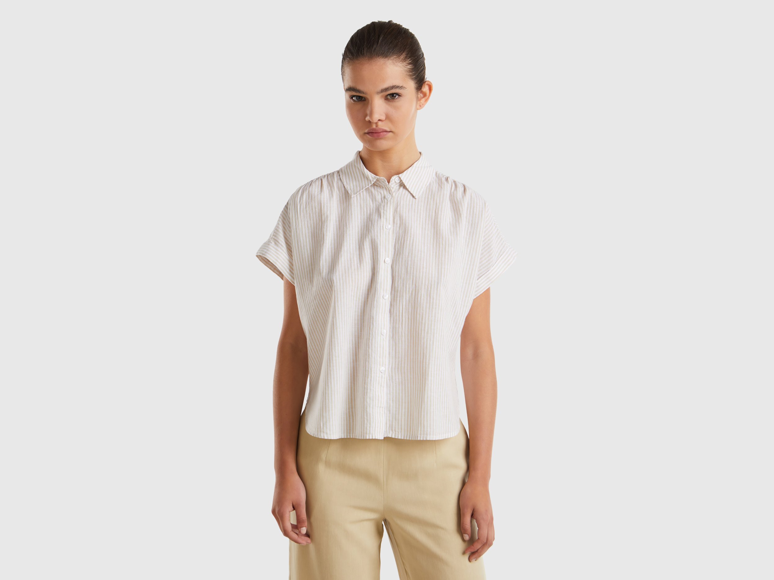Benetton, Camicia A Righe Comfort Fit, Beige, Donna
