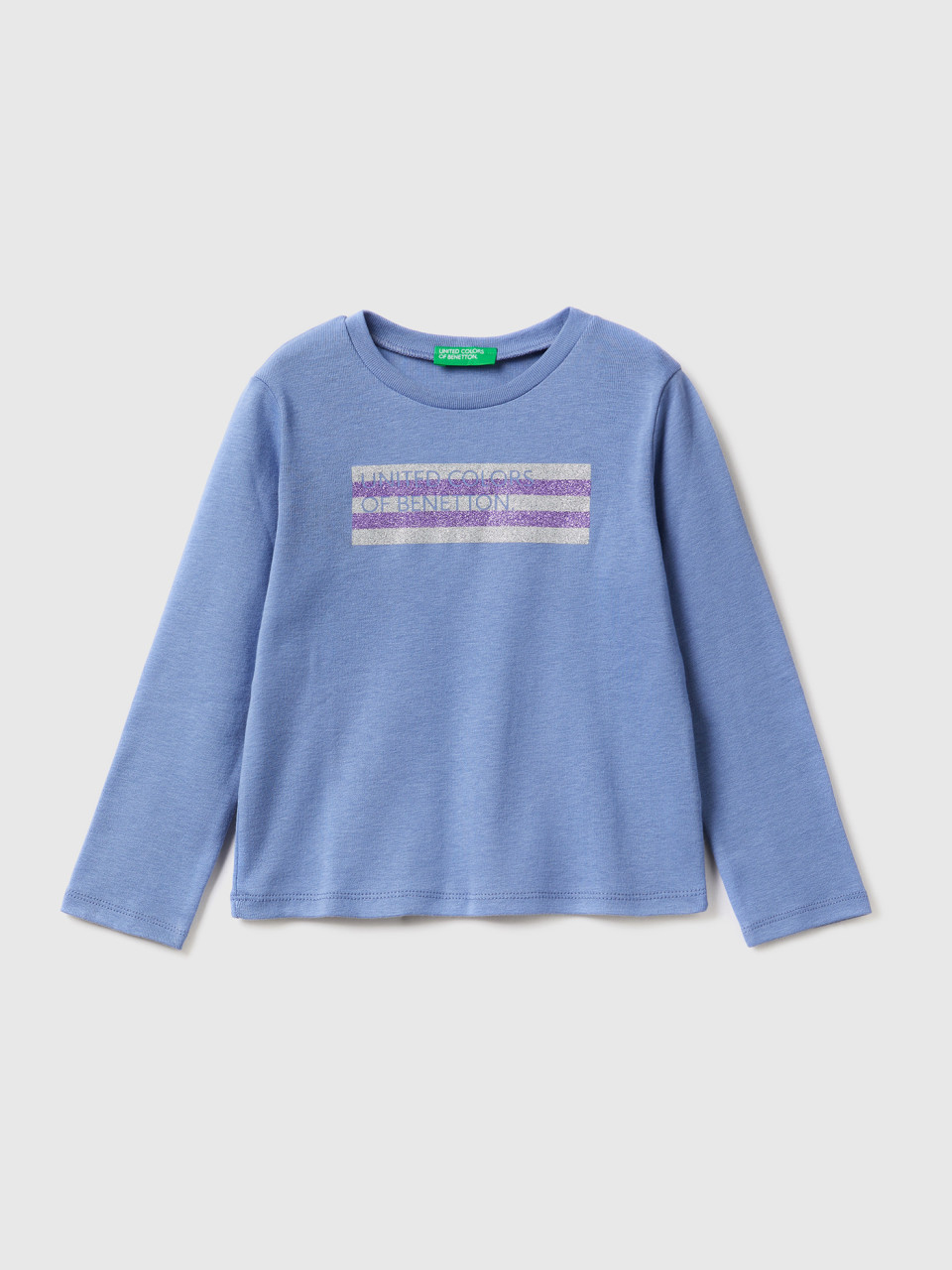 Benetton, T-shirt À Manches Longues Et Imprimé Pailleté, Bleu Clair, Enfants