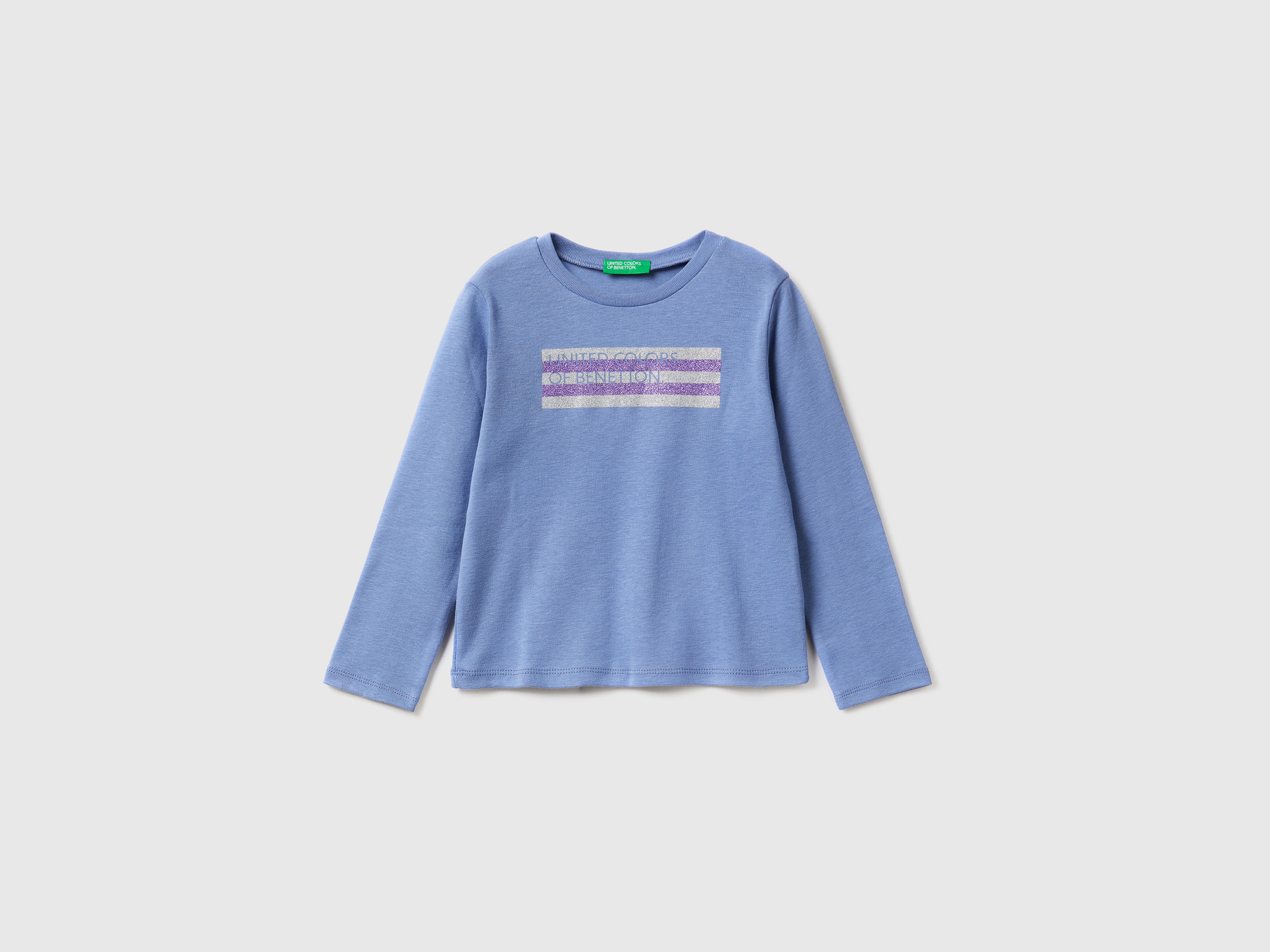 Benetton, Long Sleeve T-shirt With Glitter Print, size 5-6, Light Blue, Kids