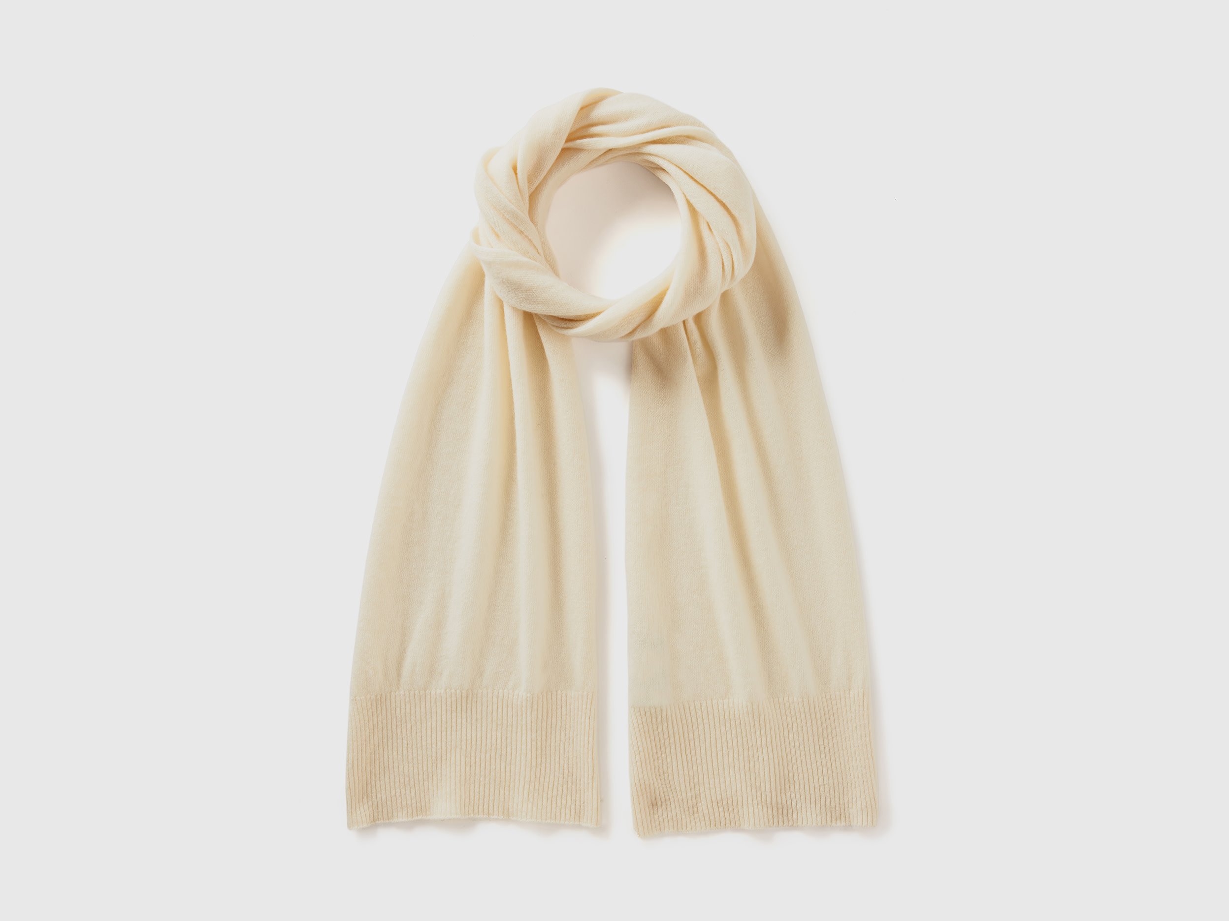 Benetton, Sciarpa In Pura Lana Merino, Bianco Panna, Donna