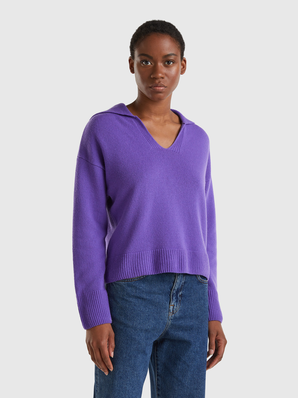 Benetton, Boxy Fit Sweater With Polo Collar, Violet, Women