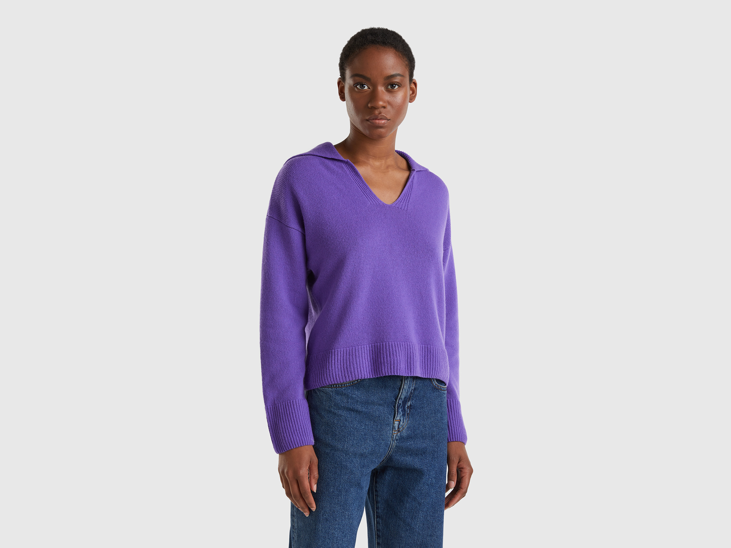Benetton, Boxy Fit Sweater With Polo Collar, size L, Violet, Women