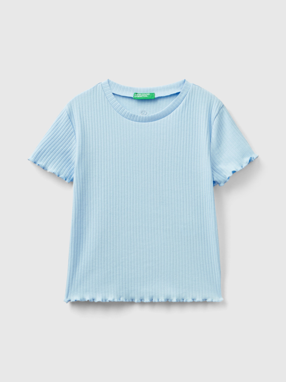 Benetton, T-shirt À Manches Courtes Et Bords-côtes, Bleu Ciel, Enfants