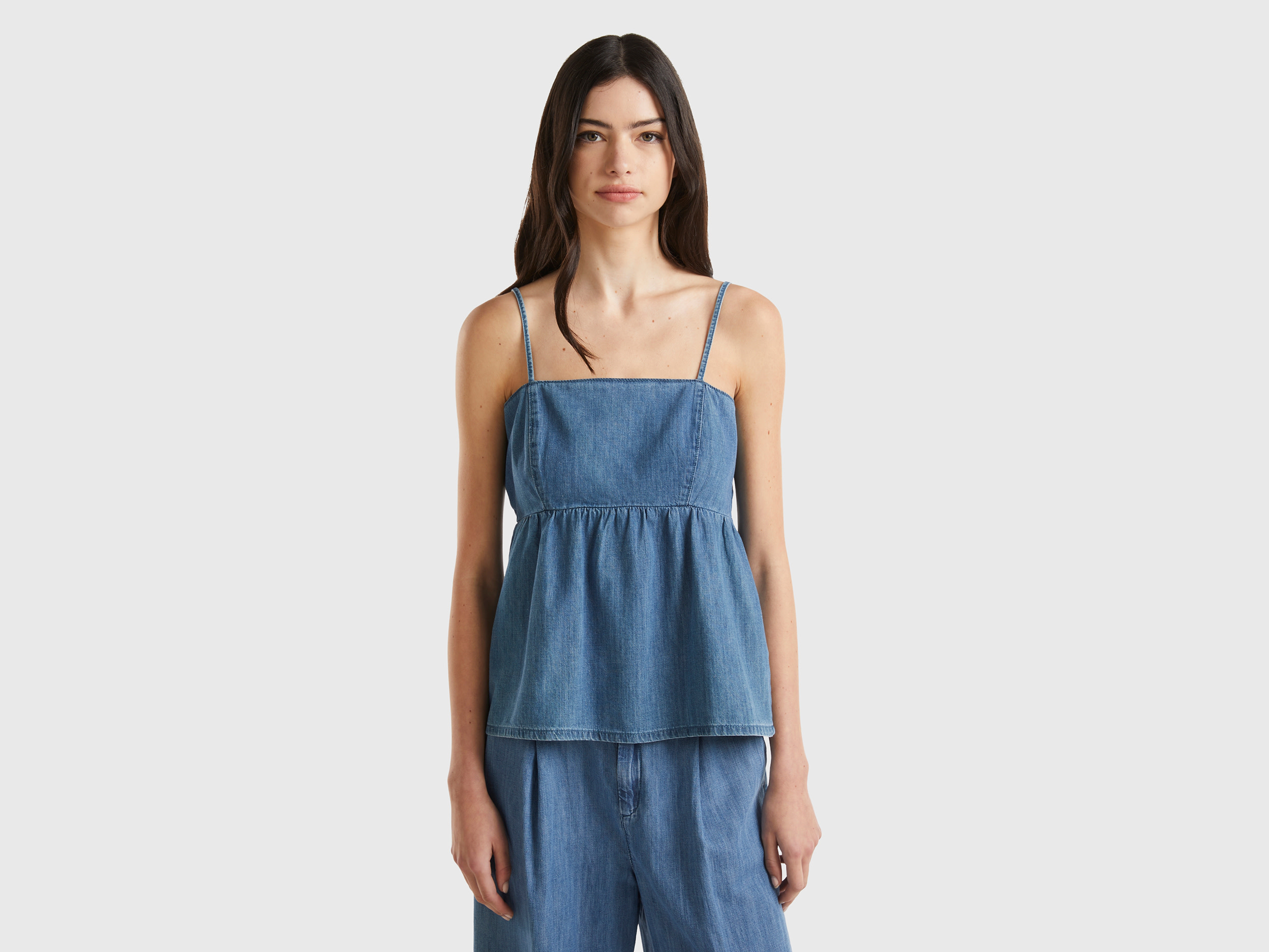 Benetton, Top In Denim Con Spalline, Blu, Donna