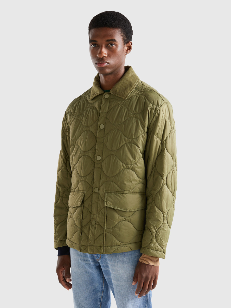 Benetton, Quilted Jacket With Collar, Military Green, Men
