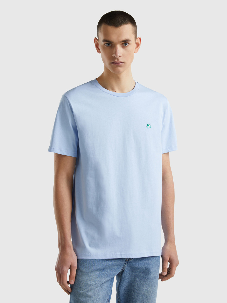 Benetton, T-shirt Basica 100% Cotone Bio, Celeste, Uomo