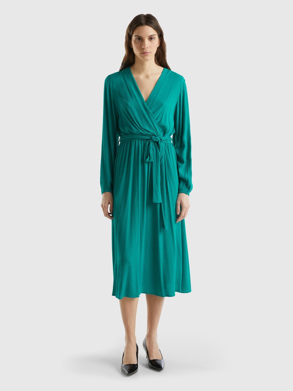 Benetton, Midi Dress With V-neck And Belt, Teal, Women