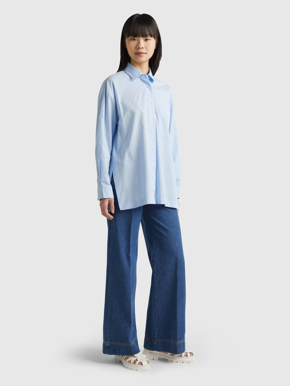Benetton, Lightweight Oversized Shirt With Slits, Sky Blue, Women