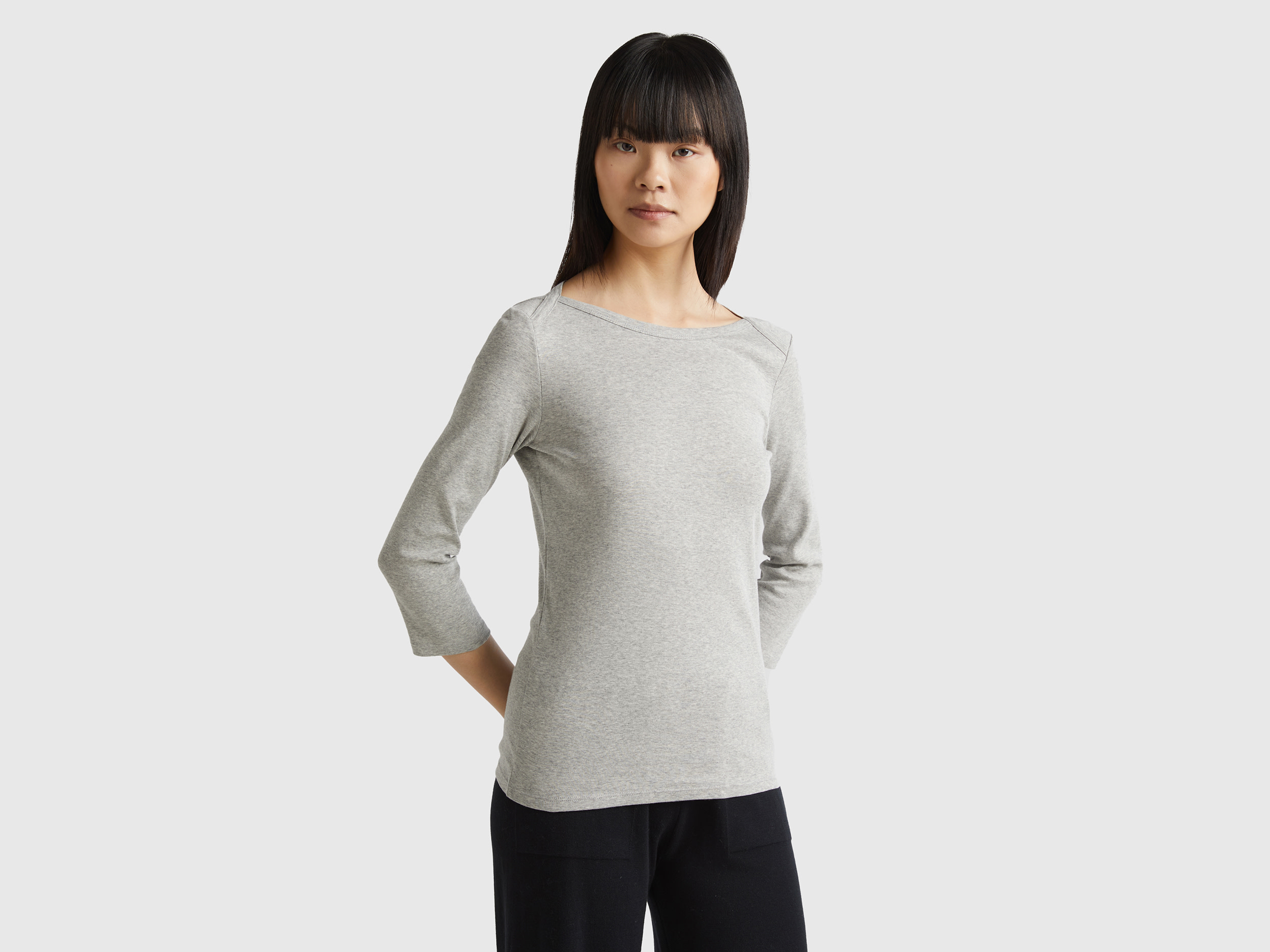 Benetton, T-shirt Con Scollo A Barchetta 100% Cotone, Grigio Chiaro, Donna