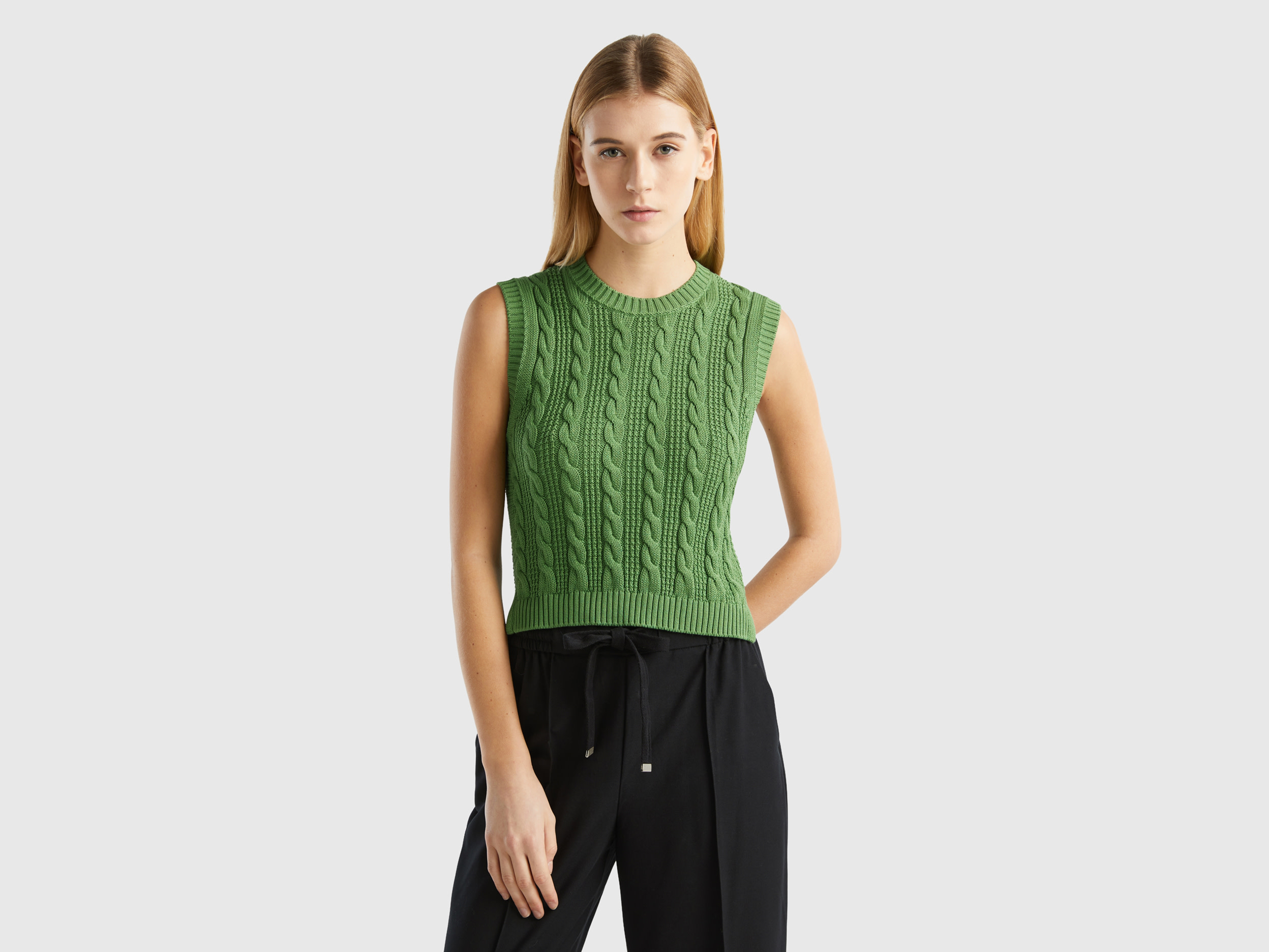 Benetton, Cropped Cable Knit Vest, size M, Military Green, Women
