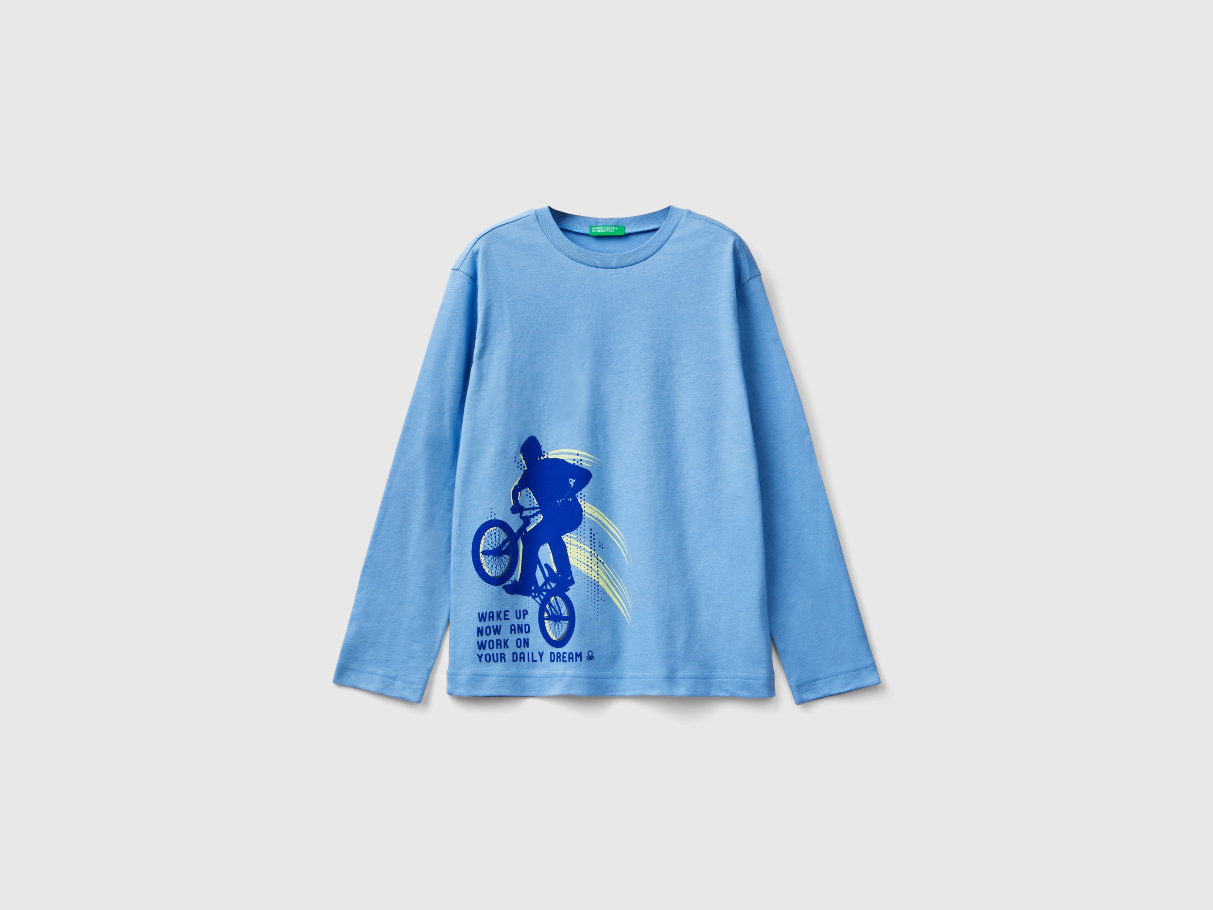 Benetton, Maglietta Manica Lunga Con Stampa, Azzurro, Bambini