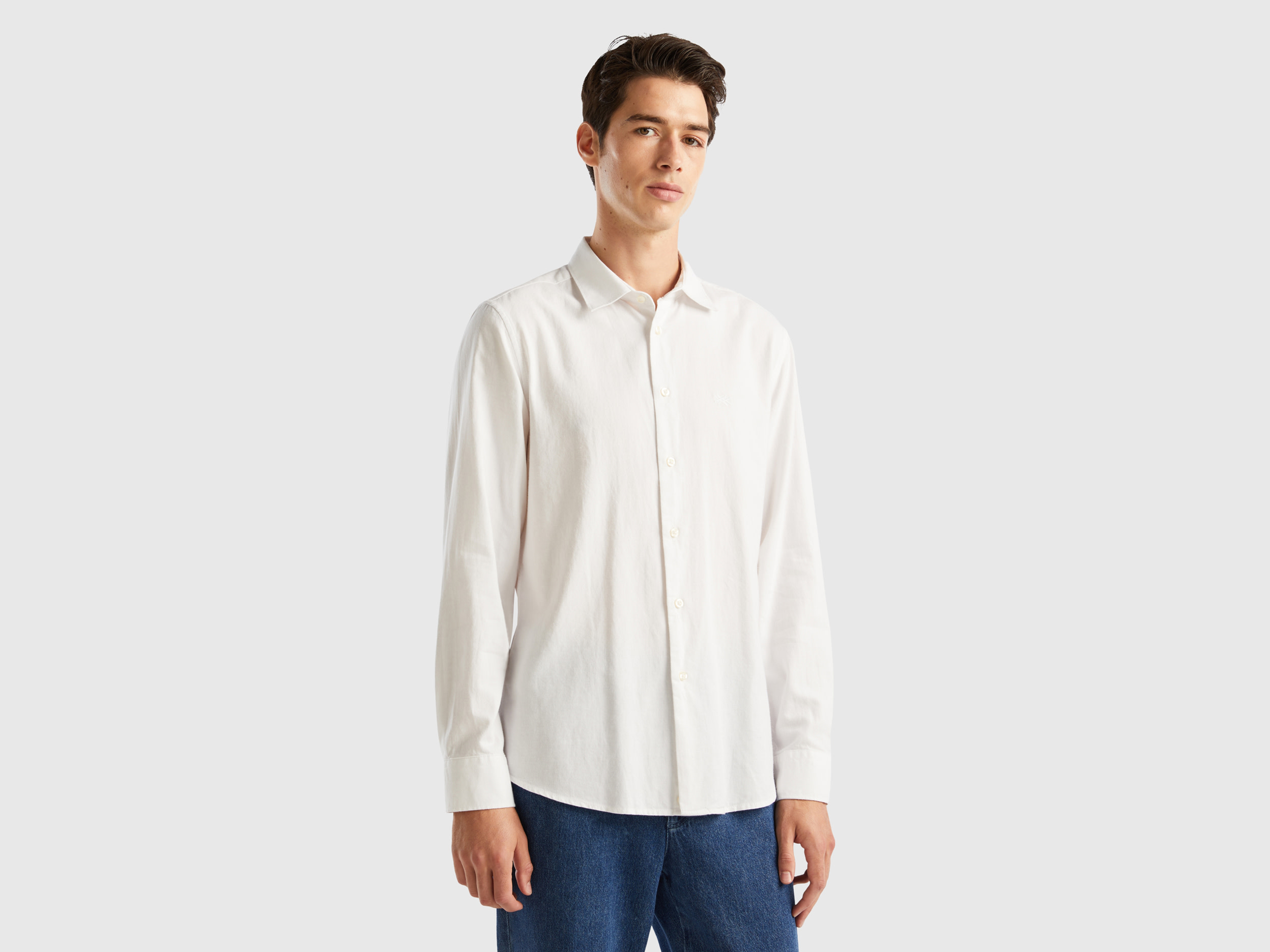 Benetton, Slim Fit Flannel Shirt, size XXL, White, Men