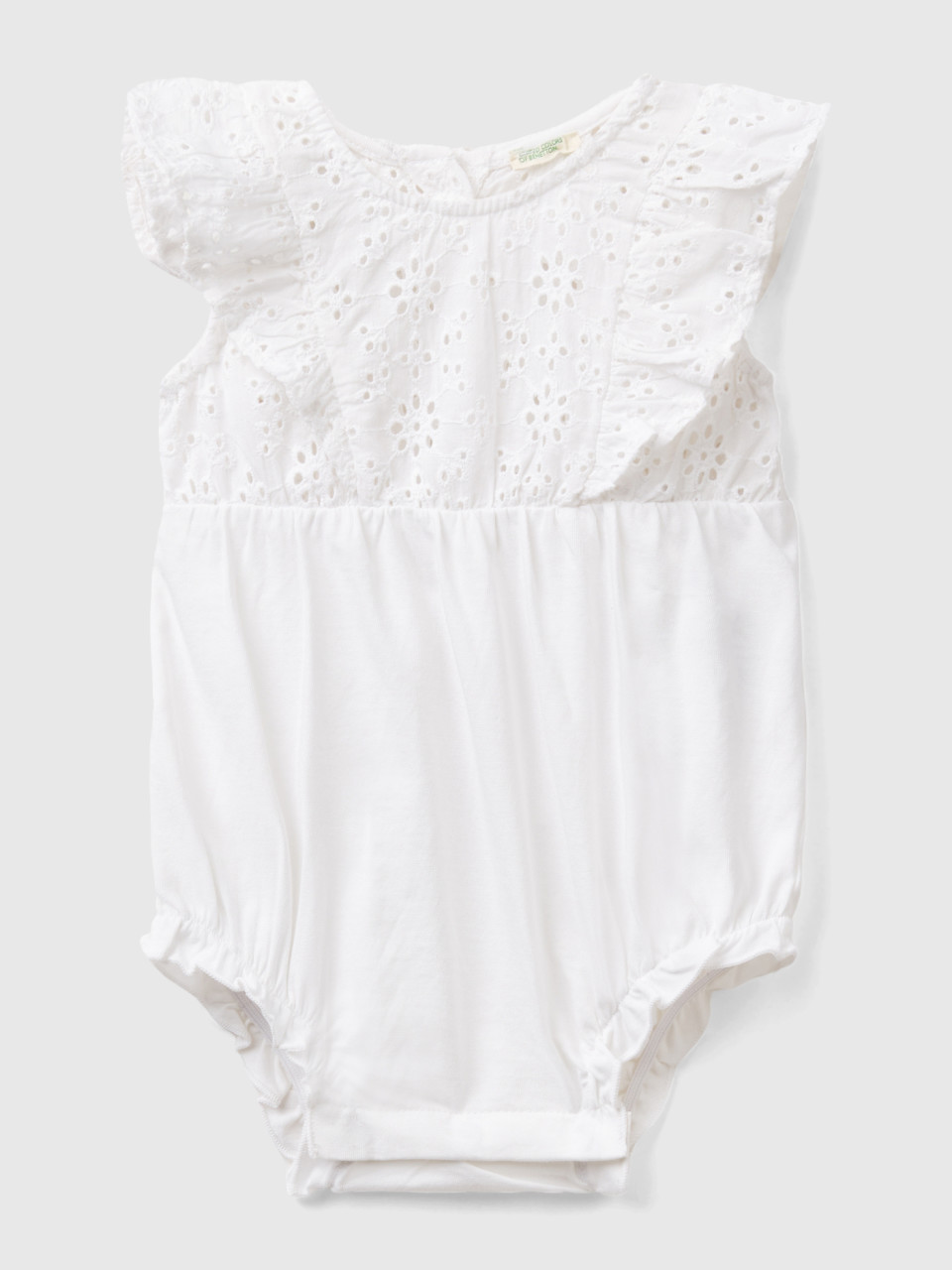 Benetton, Onesie With Broderie Anglaise, White, Kids