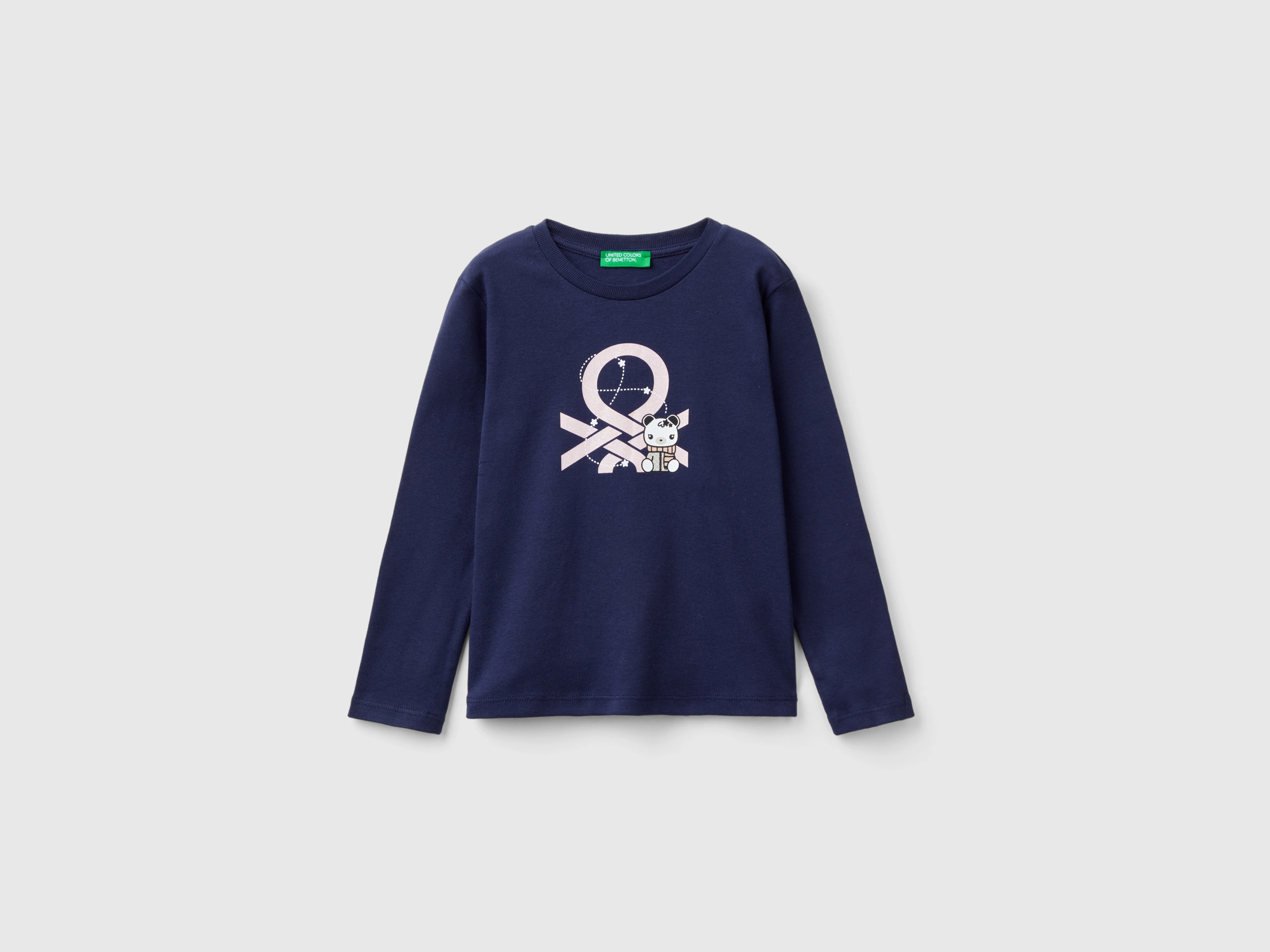 Benetton, T-shirt Con Stampa Glitter In Cotone Bio, Blu Scuro, Bambini