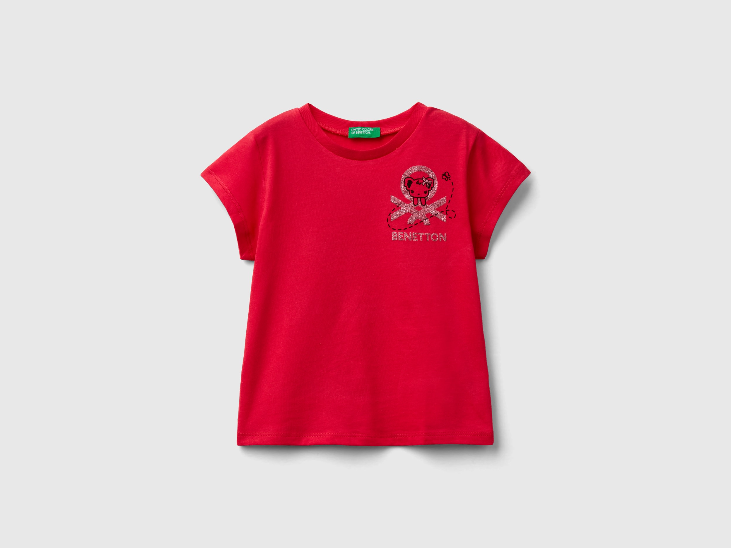 benetton, t-shirt with print in organic cotton, size 5-6, fuchsia, kids