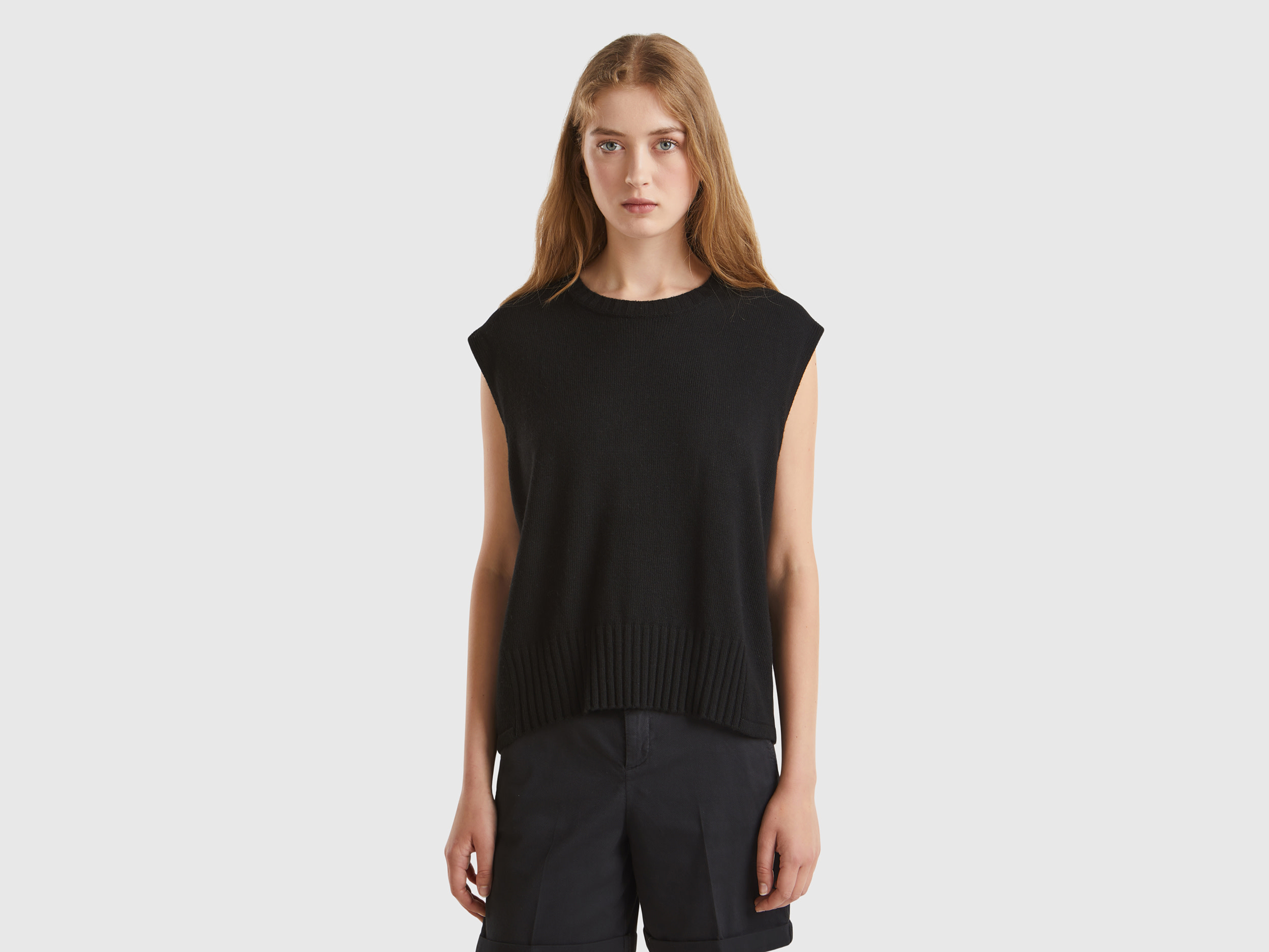 Benetton, Gilet In Misto Lana E Viscosa, Nero, Donna