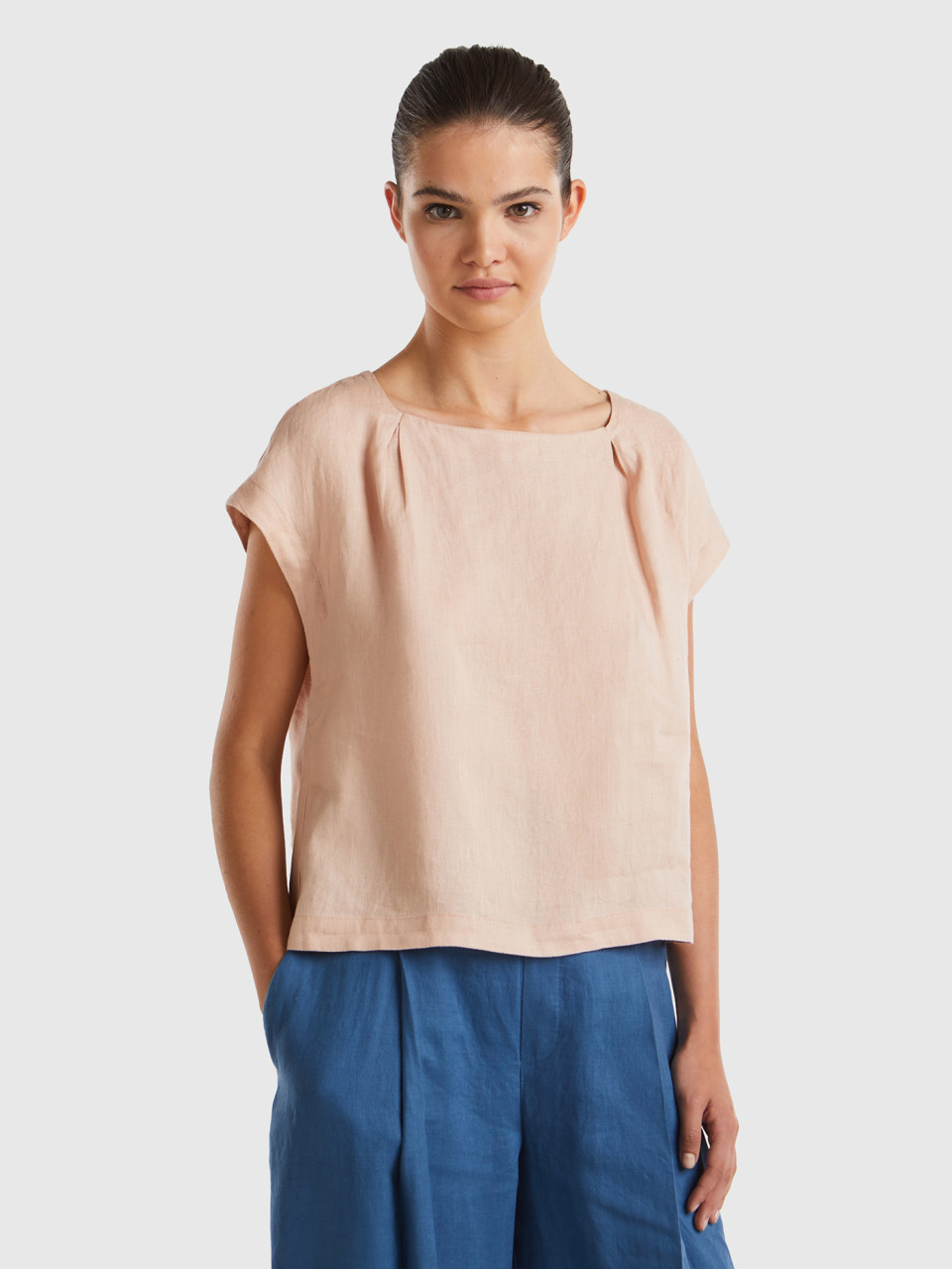 Benetton, Square Neck Blouse In Pure Linen, Soft Pink, Women