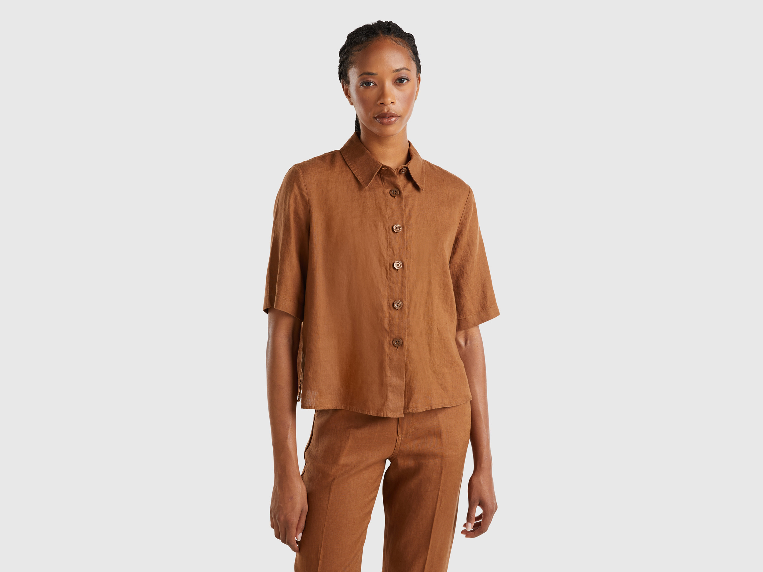Benetton, Camicia Corta In Puro Lino, Marrone, Donna