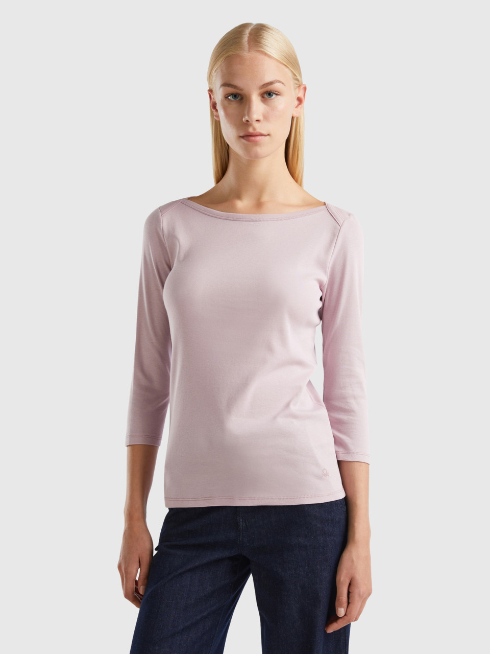 Benetton, T-shirt With Boat Neck In 100% Cotton, Lilac, Women
