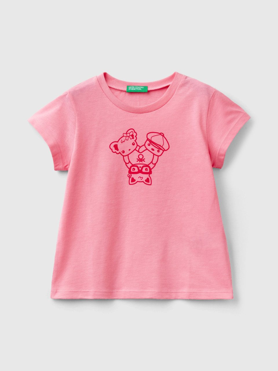 Benetton, 100% Cotton T-shirt With Print, Pink, Kids