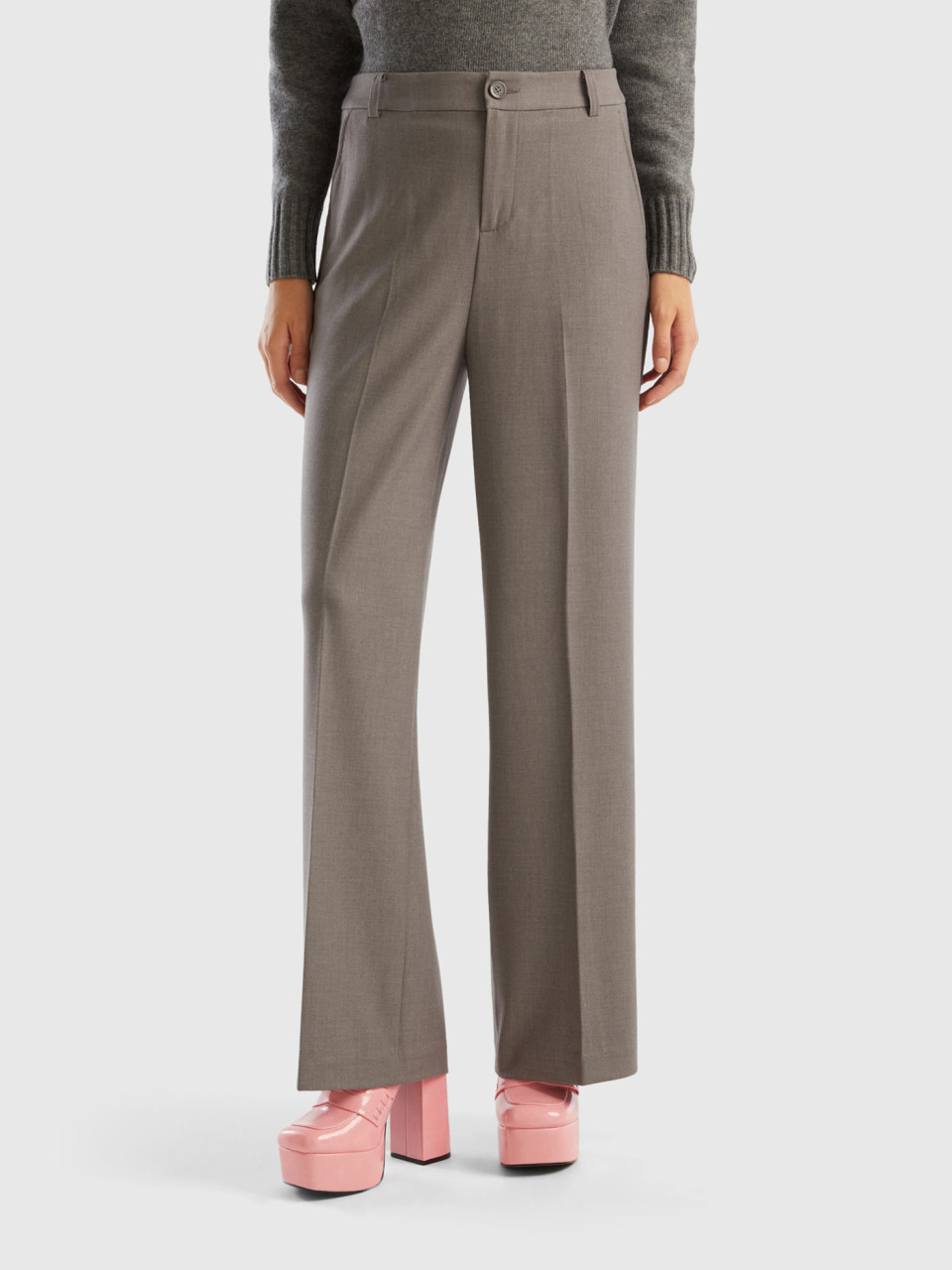 Benetton, Wide Flannel Trousers, Gray, Women