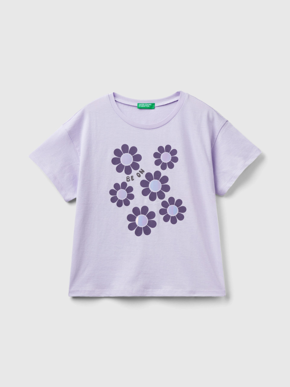 Benetton, Camiseta De Manga Corta Con Estampado, Lila, Niños