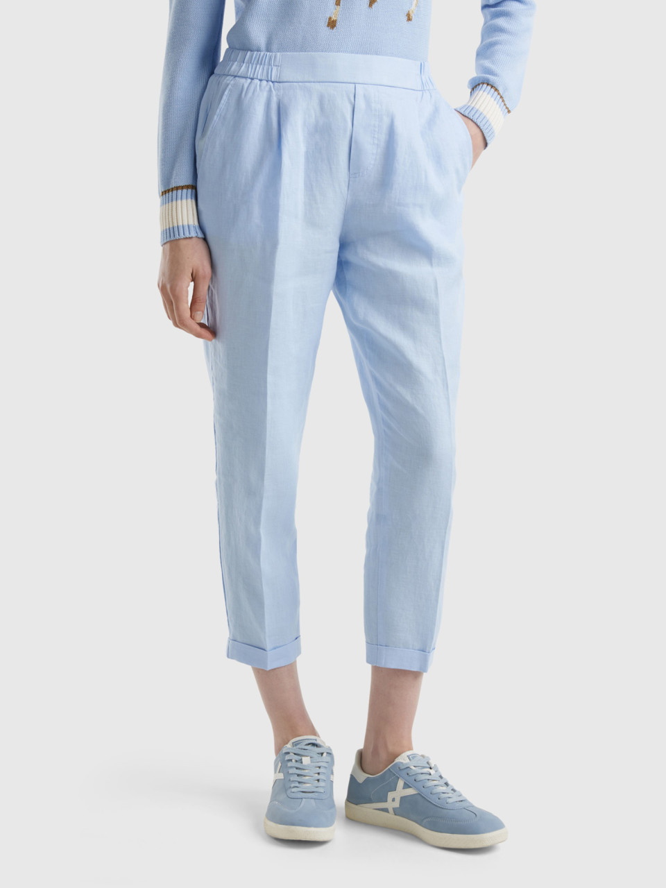 Benetton, Cropped Trousers In 100% Linen, Sky Blue, Women