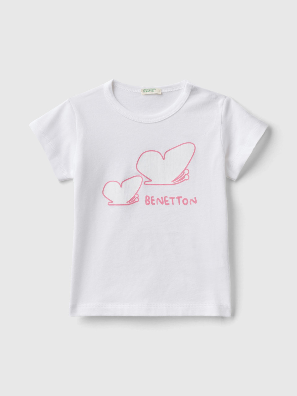 Benetton, T-shirt In Cotone Bio Con Stampa, Bianco, Bambini