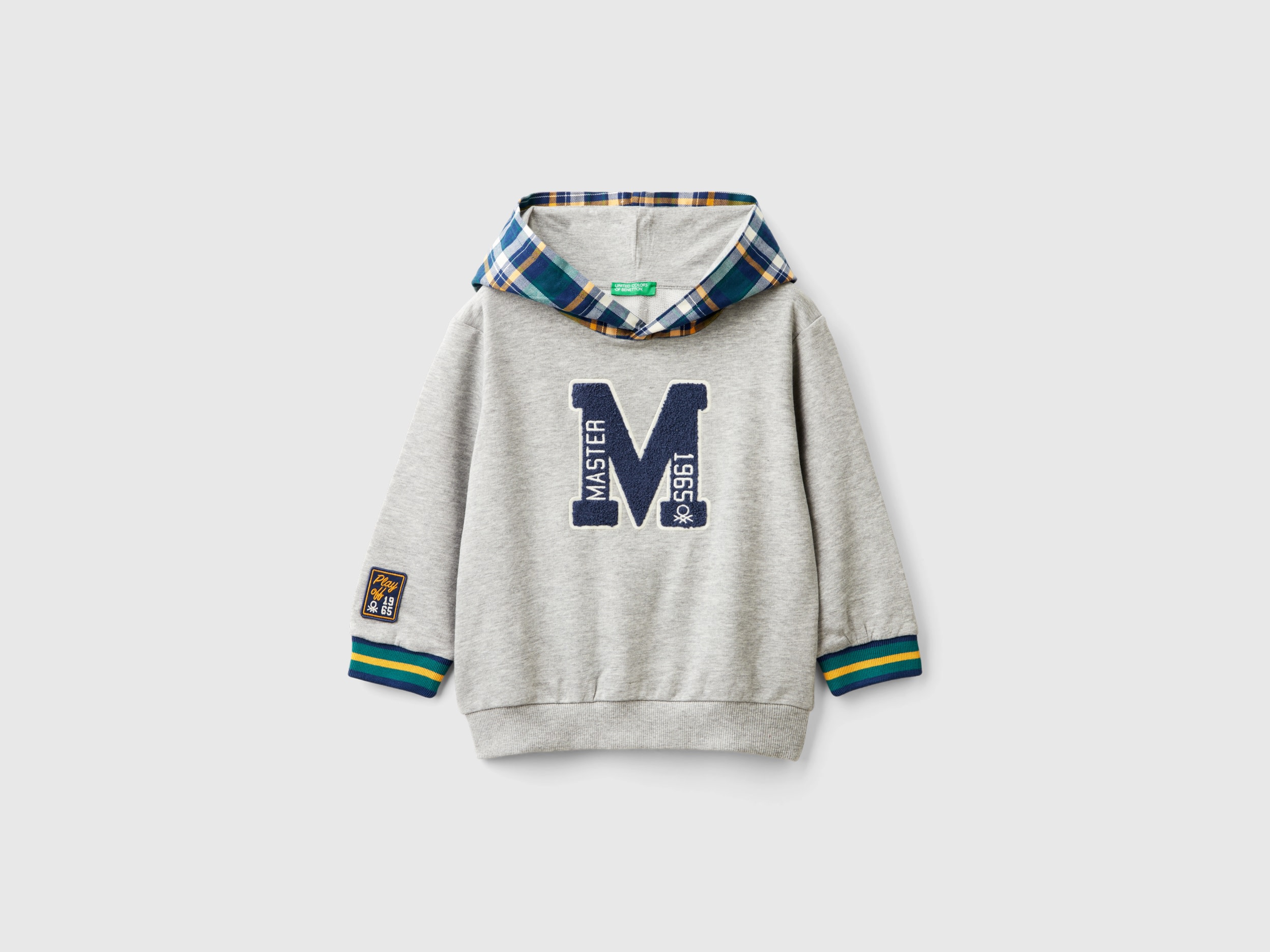 Benetton, Felpa Con Cappuccio Tartan, Grigio Chiaro, Bambini