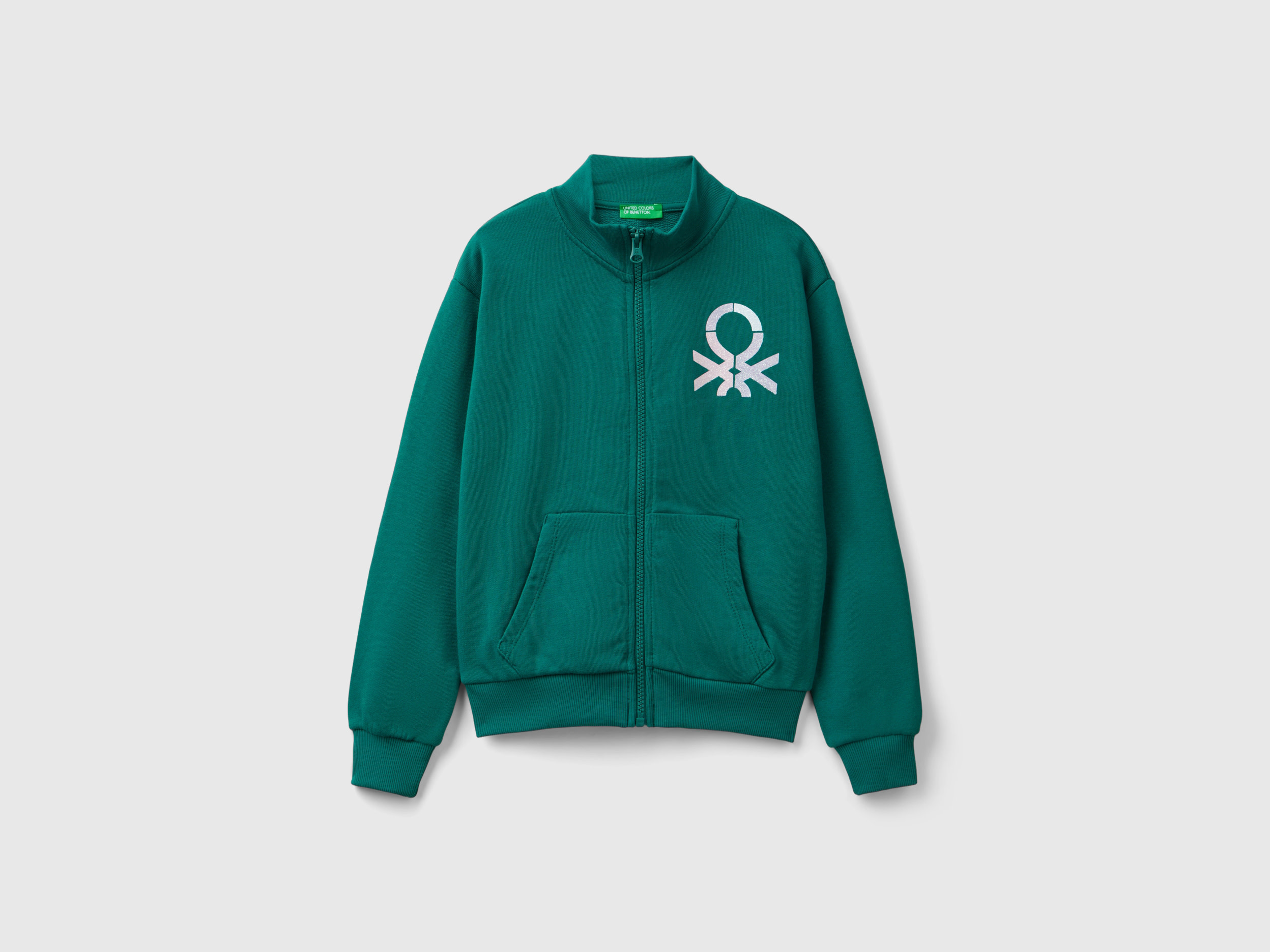 Benetton, Felpa Con Zip E Colletto, Verde Scuro, Bambini