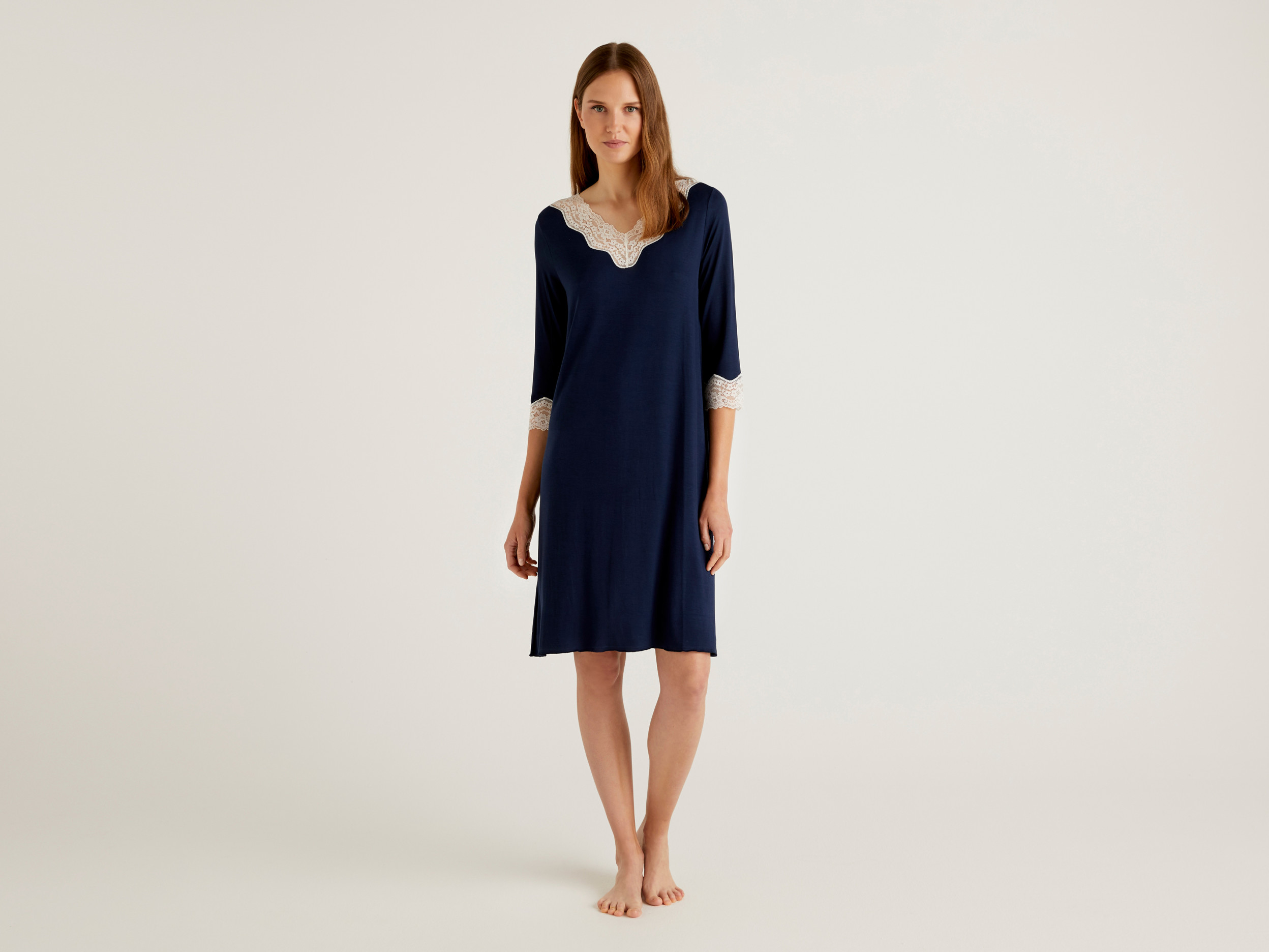 Benetton, Camicia Da Notte Con Dettagli In Pizzo, Blu Scuro, Donna Benetton, Camicia Da Notte Con Dettagli In Pizzo, Blu Scuro, Donna
