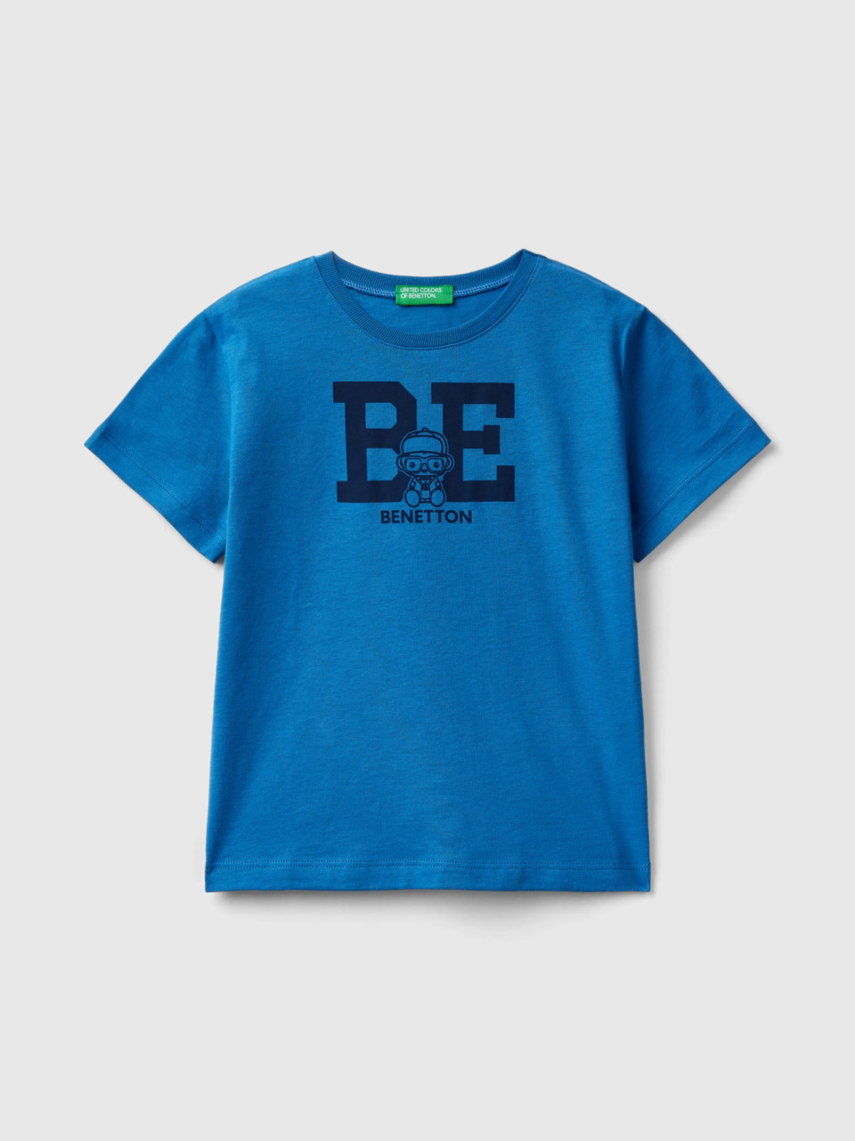 Benetton, 100% Cotton T-shirt With Logo, Blue, Kids