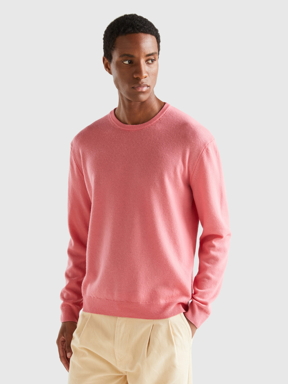 Benetton, Salmon Pink Crew Neck Sweater In Pure Merino Wool, Salmon, Men
