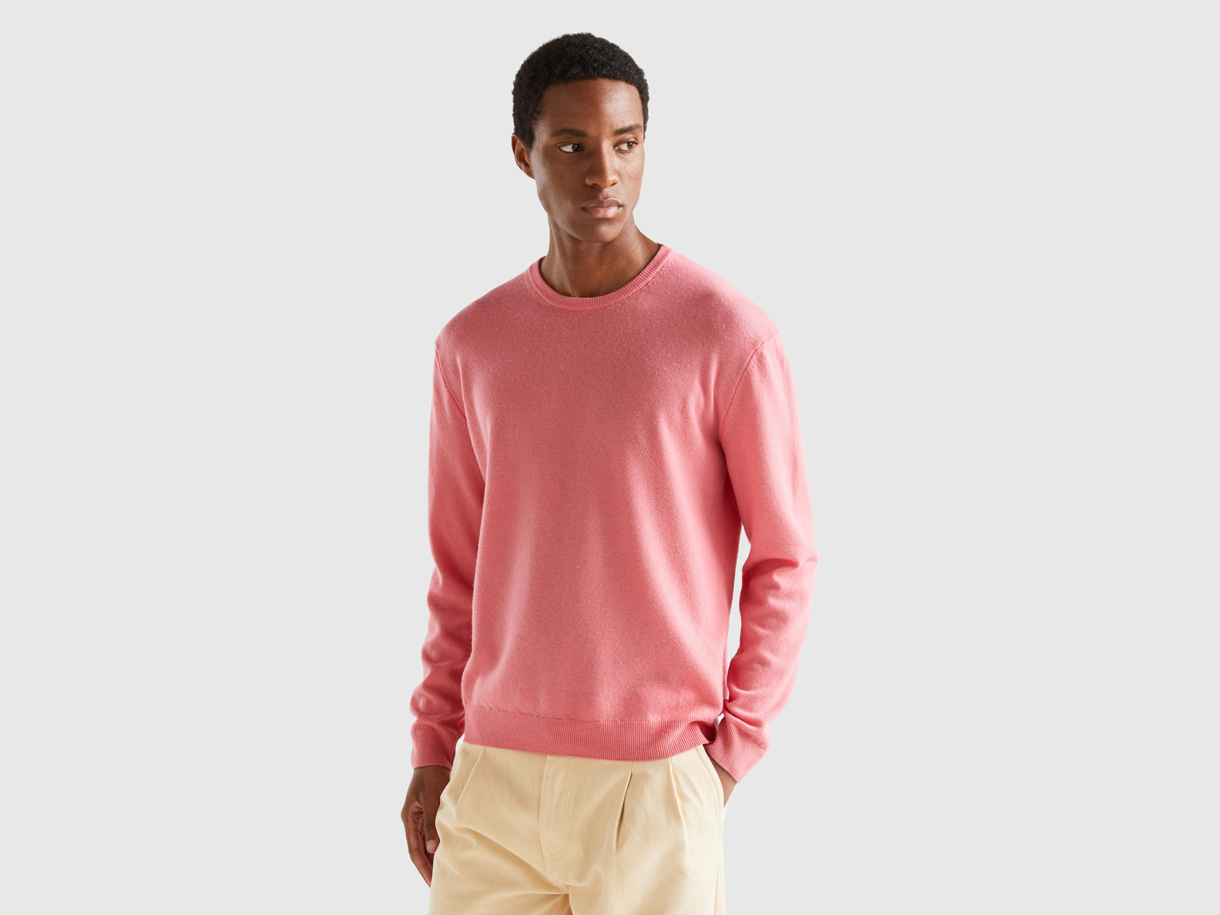 Benetton, Salmon Pink Crew Neck Sweater In Pure Merino Wool, size L, Salmon, Men