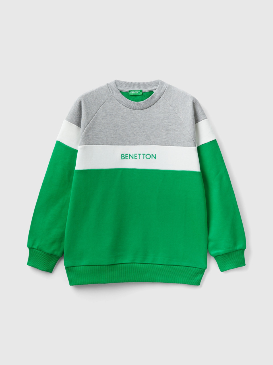 Benetton, Gray And Green Sweatshirt With Embroidered Logo, Green, Kids