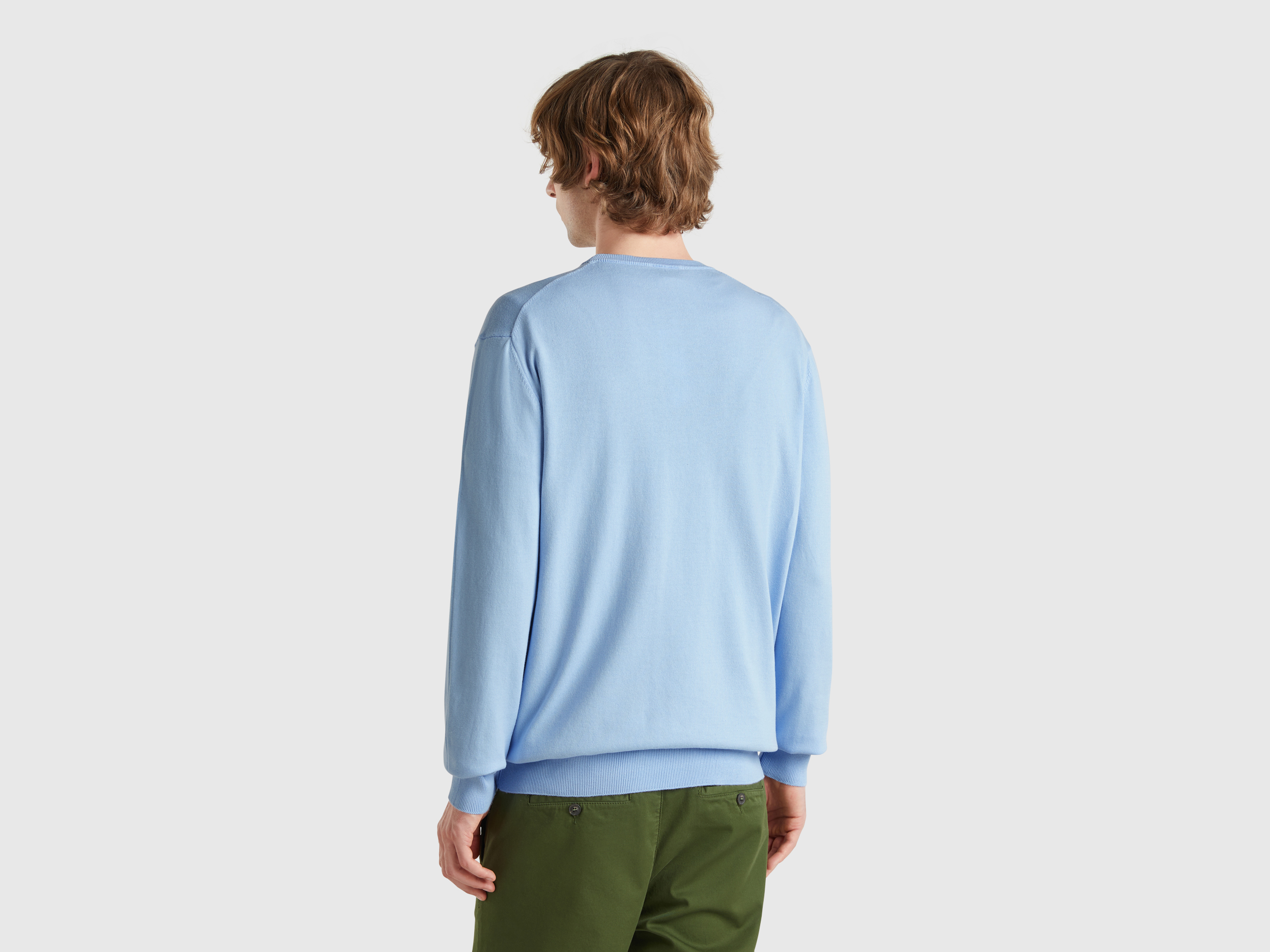 Benetton, Μπλούζα Με Λαιμόκοψη Από 100% Βαμβακερό, size S, Ουρανι, Ανδρικά φωτογραφία