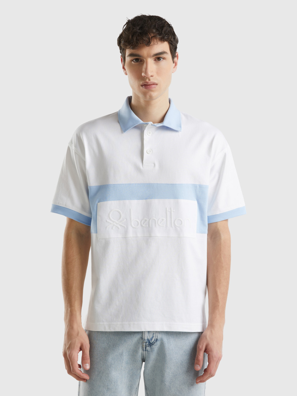 Benetton, White And Sky Blue Rugby Polo, Multi-color, Men