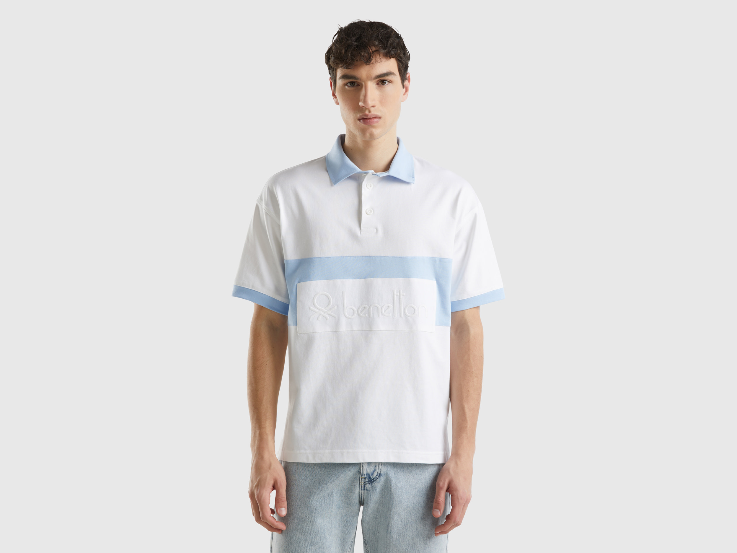 Benetton, Polo Rugby Bianca E Celeste, Multicolore, Uomo