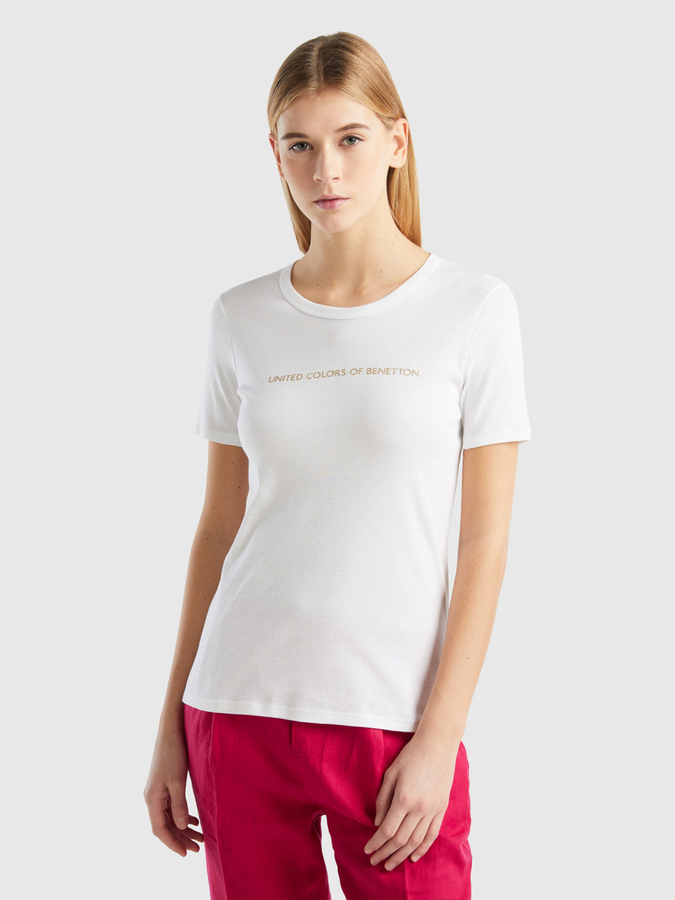 Benetton, T-shirt Aus 100% Baumwolle Mit Glitzerndem Logoprint, Weiss, female