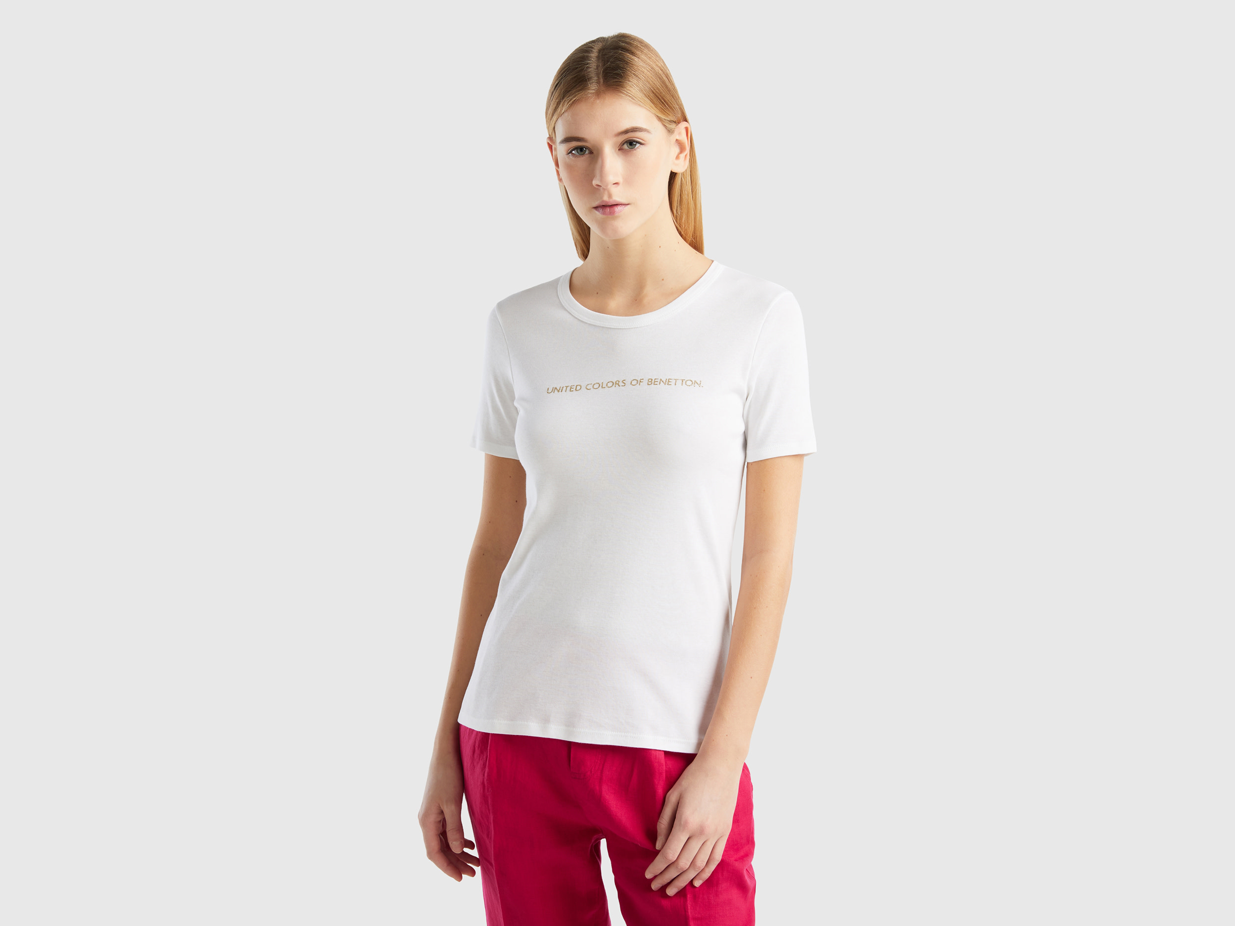 Benetton, T-shirt In 100% Cotton With Glitter Print Logo, size XS, White, Women