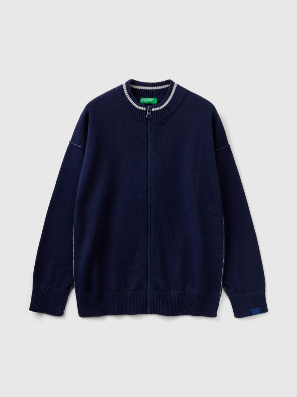 Benetton, Zip-up Cardigan In Tricot Cotton, Dark Blue, Kids