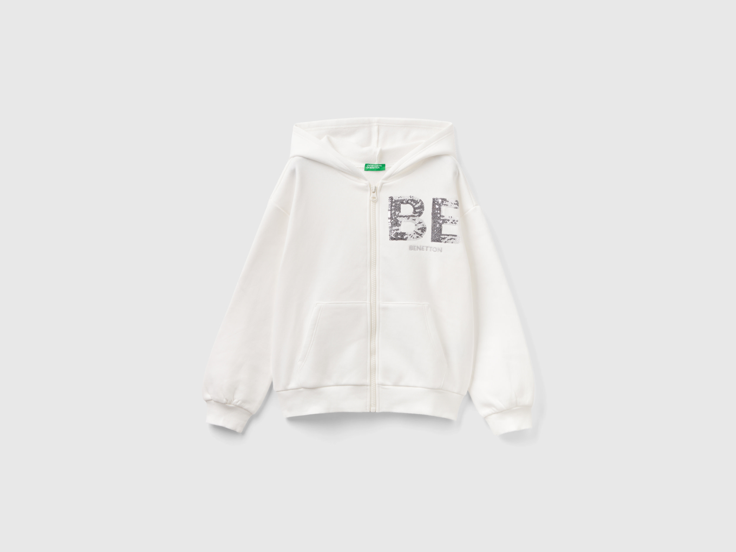 Benetton, Sweatshirt With Zip And Sequins, size 2XL, Creamy White, Kids