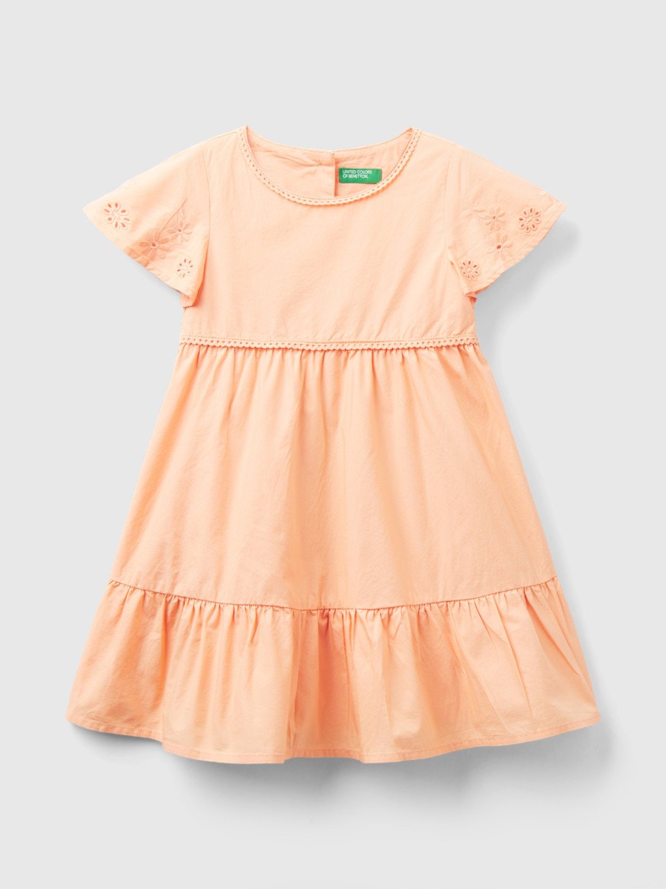Benetton, Dress With Embroidery And Frill, Peach, Kids