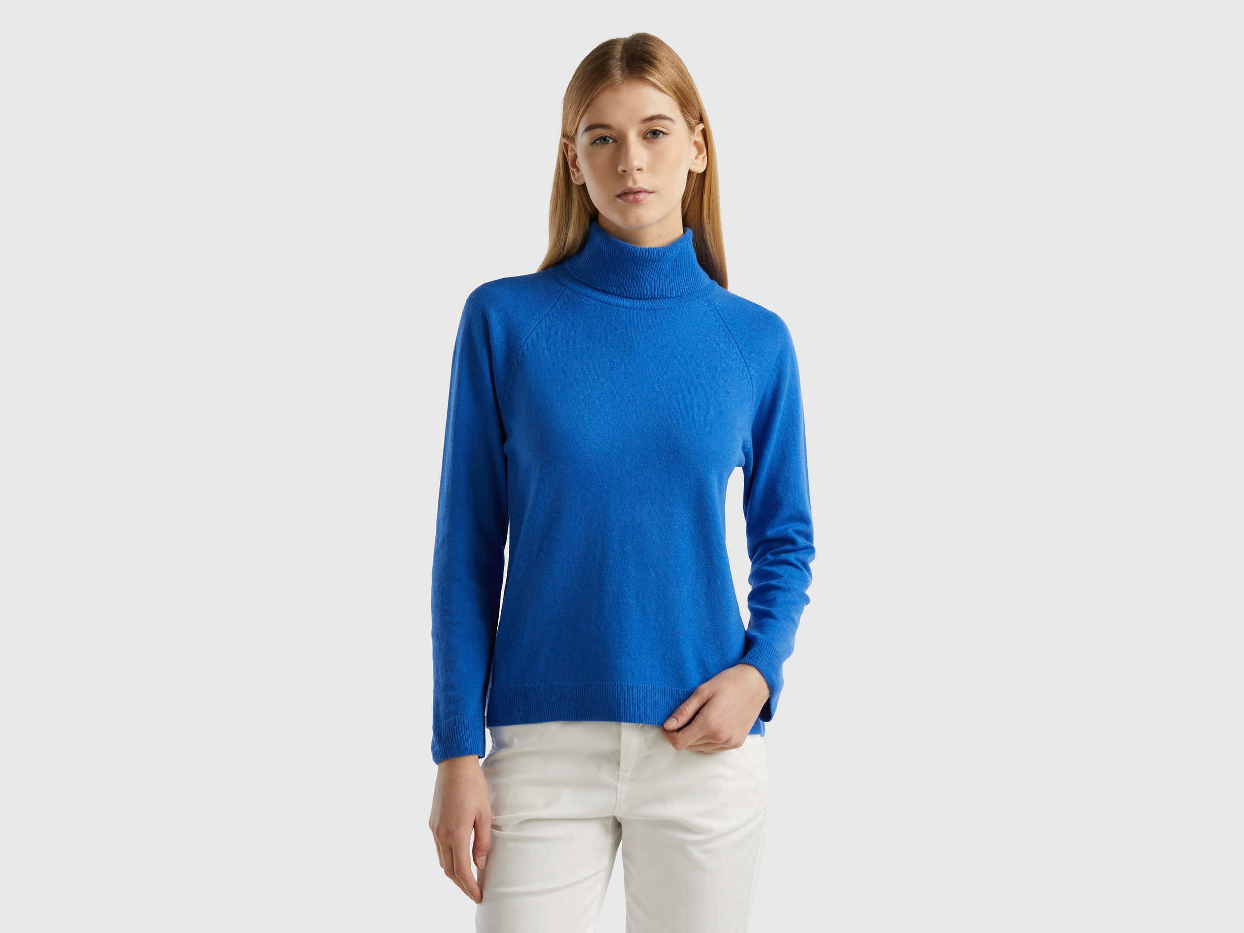 Benetton, Blue Turtleneck Sweater In Cashmere And Wool Blend, size XL, Blue, Women