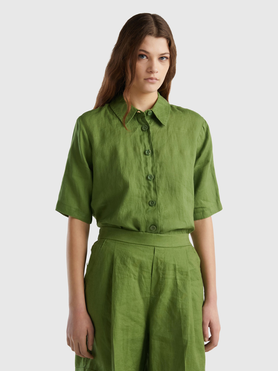 Benetton, Short Shirt In Pure Linen, Military Green, Women
